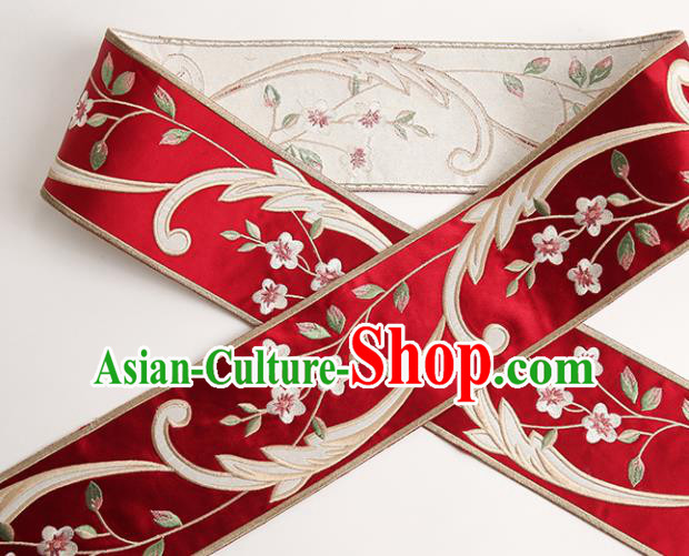 Chinese Traditional Hanfu Red Embroidered Flowers Pattern Band Fabric Asian China Costume Collar Accessories