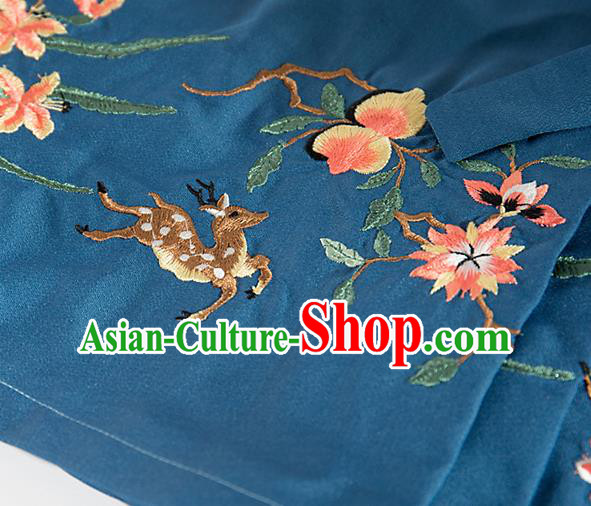 Chinese Traditional Embroidered Deer Pattern Design Blue Flax Fabric Asian China Hanfu Material