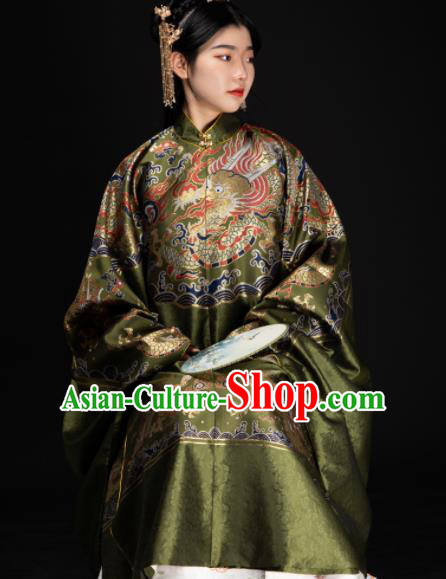 Chinese Traditional Dragon Pattern Design Green Brocade Fabric Asian China Hanfu Satin Material