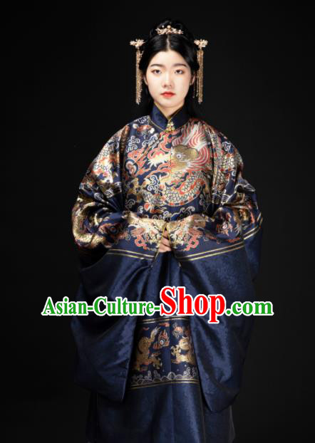Chinese Traditional Dragon Pattern Design Navy Brocade Fabric Asian China Hanfu Satin Material