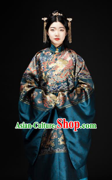 Chinese Traditional Dragon Pattern Design Blue Brocade Fabric Asian China Hanfu Satin Material