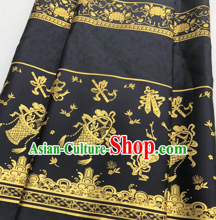 Chinese Traditional Eight Immortals Pattern Design Black Brocade Fabric Asian China Satin Hanfu Material