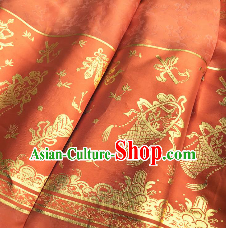 Chinese Traditional Eight Immortals Pattern Design Orange Brocade Fabric Asian China Satin Hanfu Material