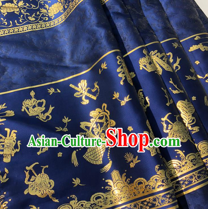 Chinese Traditional Eight Immortals Pattern Design Royalblue Brocade Fabric Asian China Satin Hanfu Material