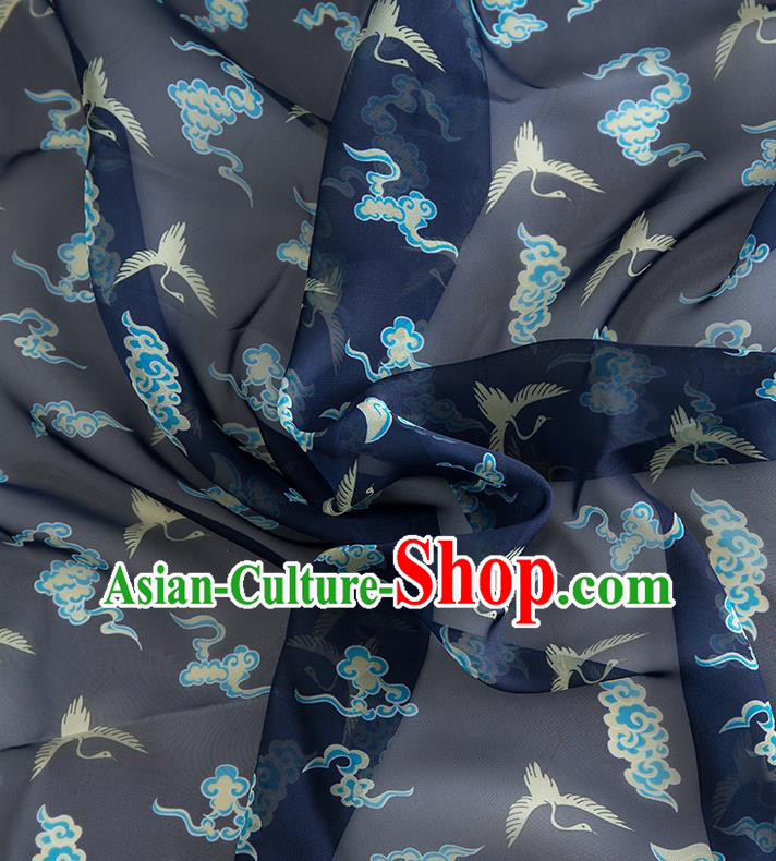 Chinese Traditional Printing Crane Pattern Design Navy Chiffon Fabric Asian China Hanfu Material