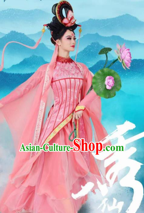 Chinese Stage Performance Qing Show Eight Immortals Goddess He Xiangu Costumes and Headpiece Complete Set