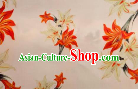 Chinese Traditional Lily Flowers Pattern Design Pink Silk Fabric Asian China Hanfu Mulberry Silk Material