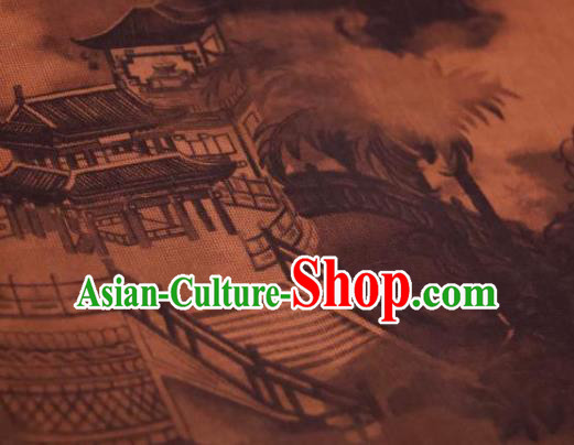 Chinese Traditional Pavilion Pattern Design Brownness Silk Fabric Asian China Hanfu Mulberry Silk Material