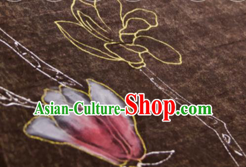 Chinese Traditional Yulan Magnolia Pattern Design Brown Silk Fabric Asian China Hanfu Gambiered Guangdong Mulberry Silk Material