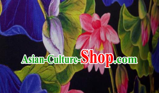 Chinese Traditional Lotus Pattern Design Black Silk Fabric Asian China Hanfu Gambiered Guangdong Mulberry Silk Material