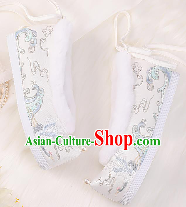 Asian Chinese Winter Shoes Embroidered Crane White Shoes Traditional Opera Shoes Hanfu Shoes for Women