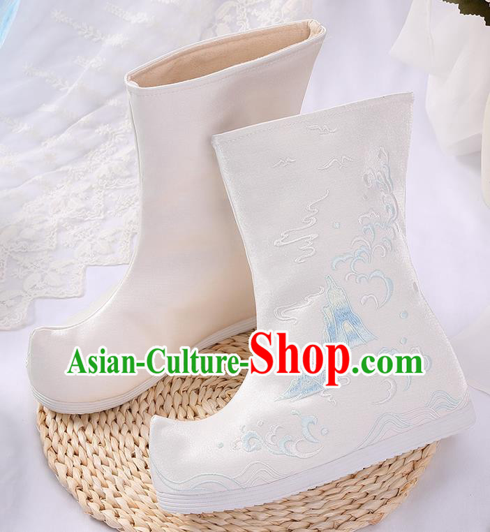 Asian Chinese White Embroidered Cloud Mount Boots Traditional Opera Boots Hanfu Shoes for Women