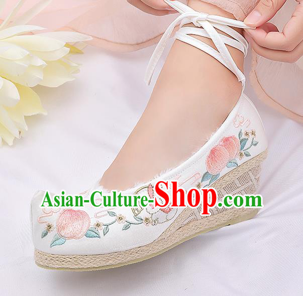 Asian Chinese Winter White Wedge Heel Shoes Embroidered Peach Rabbit Shoes Traditional Opera Shoes Hanfu Shoes for Women