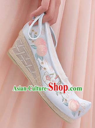 Asian Chinese Winter Blue Wedge Heel Shoes Embroidered Peach Rabbit Shoes Traditional Opera Shoes Hanfu Shoes for Women