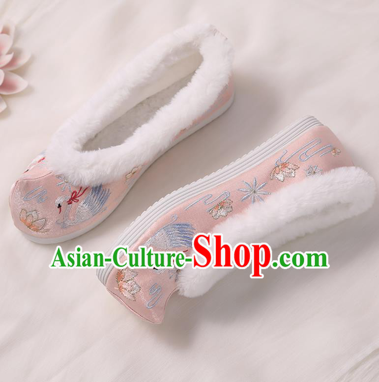 Asian Chinese Winter Pink Bow Shoes Embroidered Swan Shoes Traditional Opera Shoes Hanfu Shoes for Women