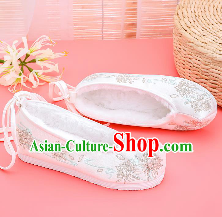 Asian Chinese Winter White Bow Shoes Embroidered Epiphyllum Shoes Traditional Opera Shoes Hanfu Shoes for Women