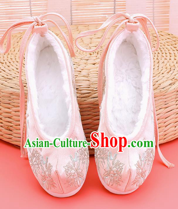 Asian Chinese Winter Light Pink Bow Shoes Embroidered Epiphyllum Shoes Traditional Opera Shoes Hanfu Shoes for Women