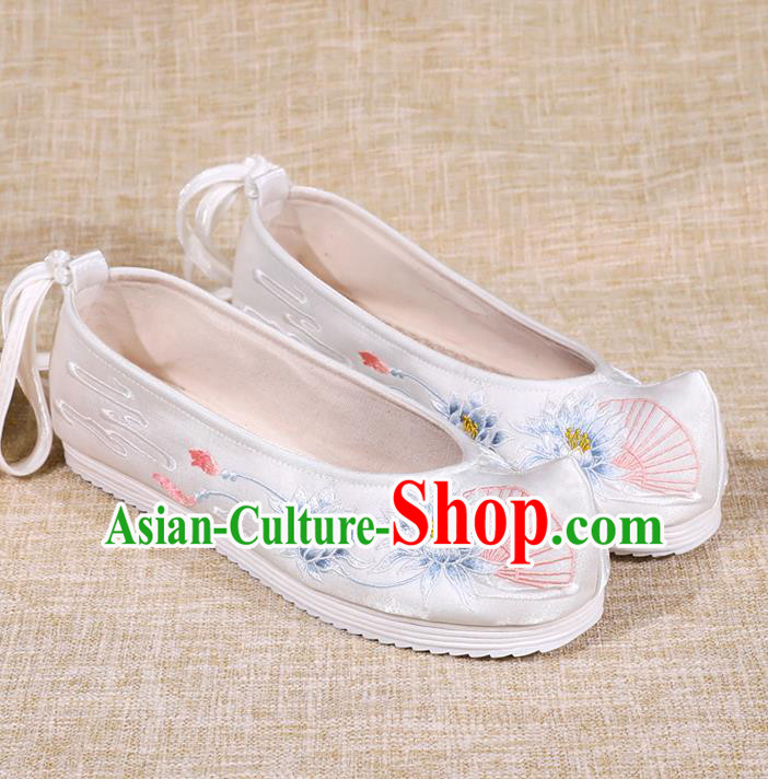 Asian Chinese White Bow Shoes Embroidered Epiphyllum Shoes Traditional Opera Shoes Hanfu Shoes for Women