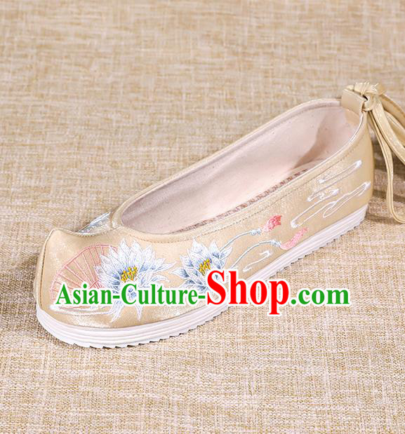 Asian Chinese Golden Bow Shoes Embroidered Epiphyllum Shoes Traditional Opera Shoes Hanfu Shoes for Women