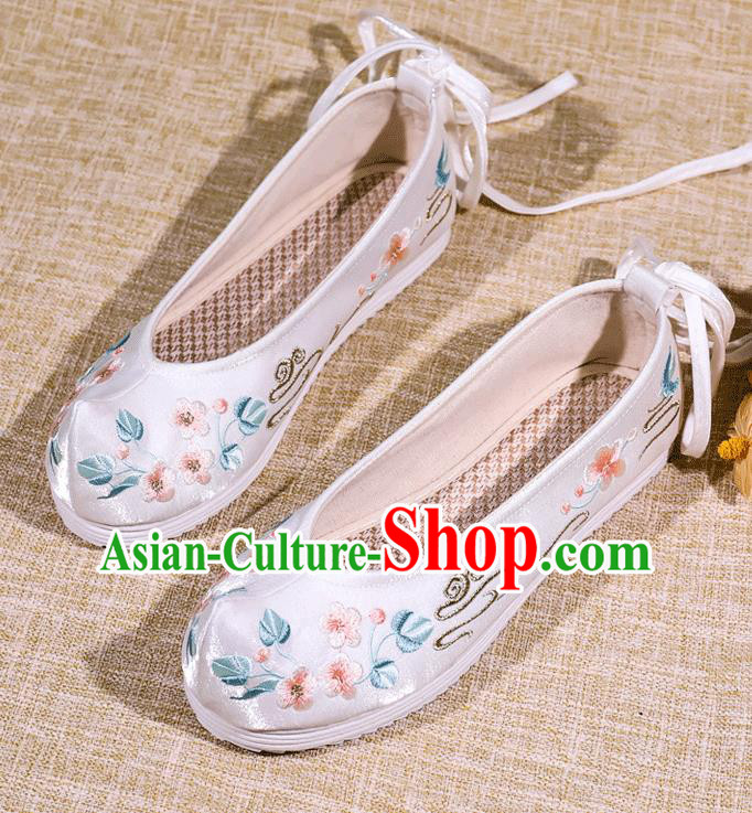 Asian Chinese Satin Shoes Embroidered Flowers White Shoes Traditional Opera Shoes Hanfu Shoes for Women