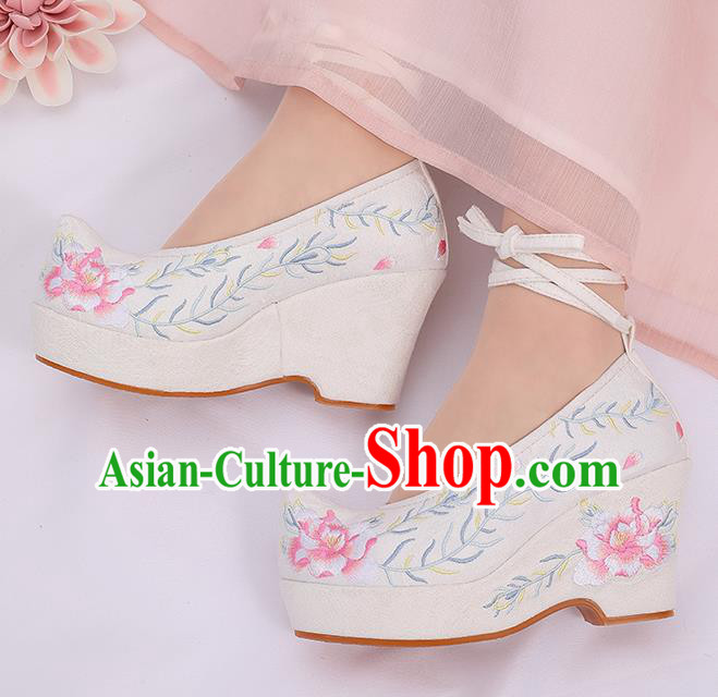 Asian Chinese White High Heel Shoes Embroidered Shoes Traditional Opera Shoes Hanfu Shoes for Women