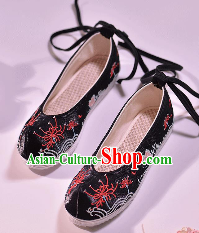 Asian Chinese Black Hanfu Shoes Embroidered Red Spider Lily Shoes Traditional Opera Shoes Princess Shoes for Women