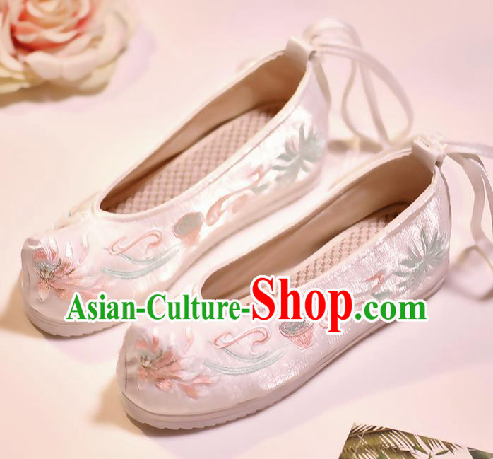 Asian Chinese Embroidered Lotus White Shoes Hanfu Shoes Traditional Opera Shoes Princess Shoes for Women