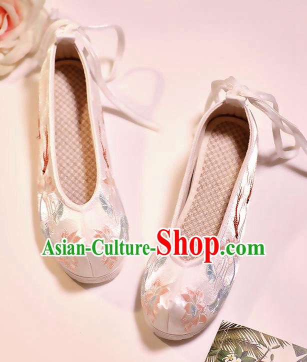 Asian Chinese Embroidered Fish Lotus White Shoes Hanfu Shoes Traditional Opera Shoes Princess Shoes for Women