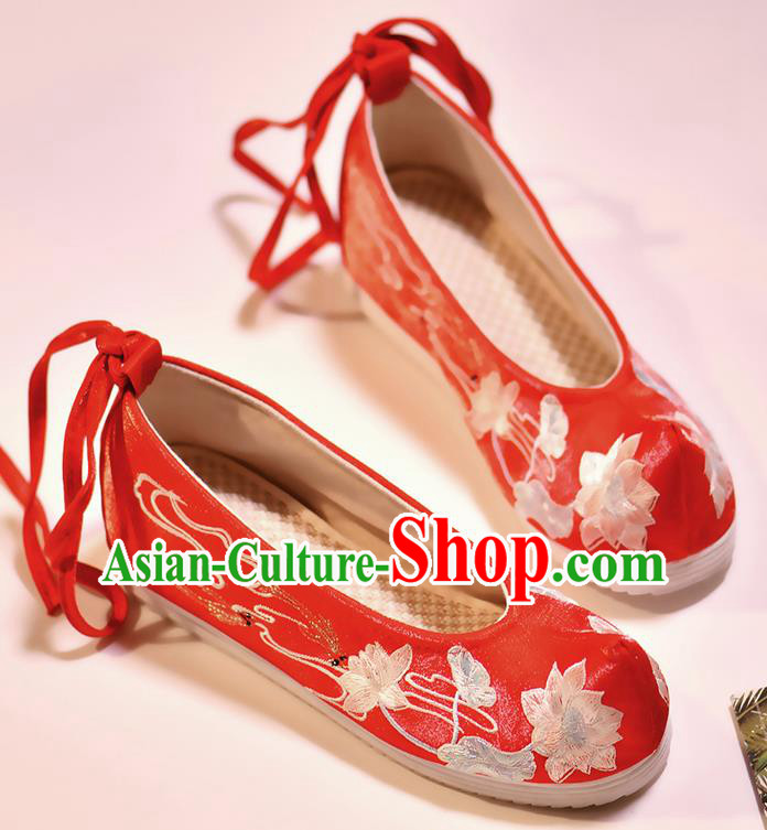 Asian Chinese Embroidered Fish Lotus Red Shoes Hanfu Shoes Traditional Opera Shoes Princess Shoes for Women