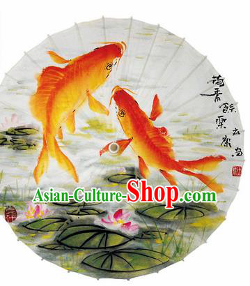 Chinese Traditional Printing Fishes Lotus Oil Paper Umbrella Artware Paper Umbrella Classical Dance Umbrella Handmade Umbrellas