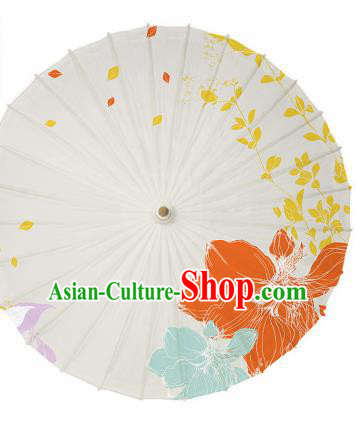 Chinese Traditional Printing Flower White Oil Paper Umbrella Artware Paper Umbrella Classical Dance Umbrella Handmade Umbrellas