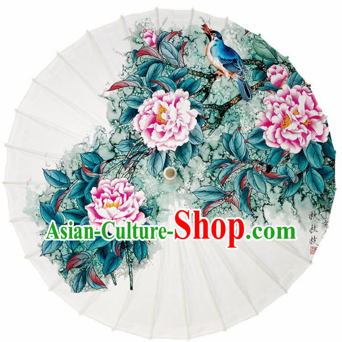 Chinese Traditional Printing Peony White Oil Paper Umbrella Artware Paper Umbrella Classical Dance Umbrella Handmade Umbrellas