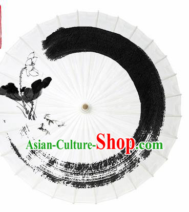 Chinese Traditional Printing Lotus White Oil Paper Umbrella Artware Paper Umbrella Classical Dance Umbrella Handmade Umbrellas