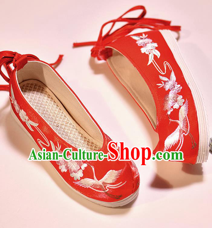 Asian Chinese Embroidered Crane Flowers Red Shoes Hanfu Shoes Traditional Opera Shoes Princess Shoes for Women