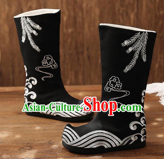 Asian Chinese Black Embroidered Boots Traditional Opera Boots Hanfu Shoes for Women