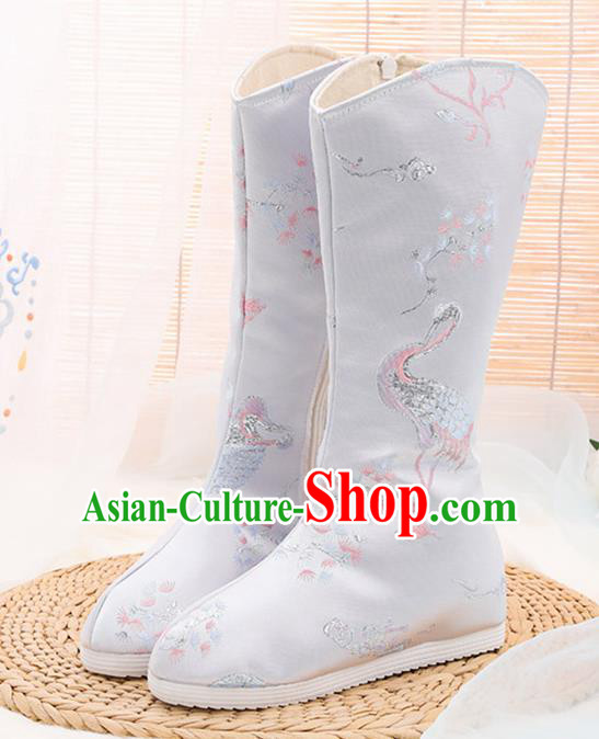 Asian Chinese Embroidered Plum Crane Grey Boots Traditional Opera Boots Hanfu Shoes for Women