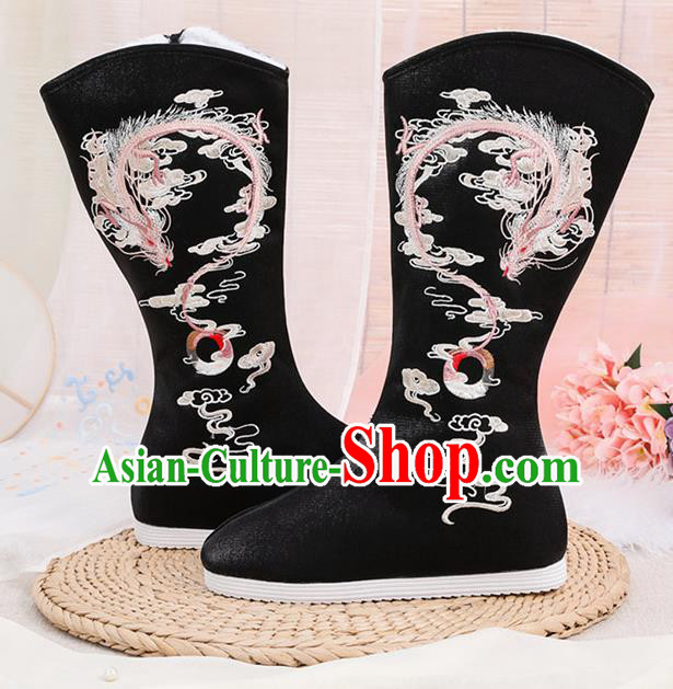 Asian Chinese Winter Embroidered Dragon Black Boots Traditional Opera Boots Hanfu Shoes for Women