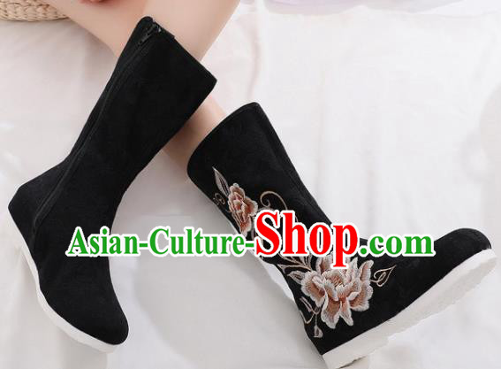 Asian Chinese Embroidered Peony Black Boots Traditional Opera Boots Hanfu Shoes for Women