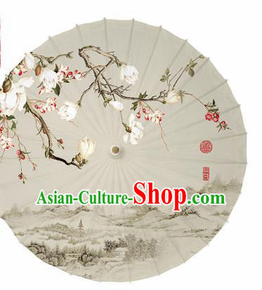 Chinese Traditional Printing Yulan Magnolia Grey Oil Paper Umbrella Artware Paper Umbrella Classical Dance Umbrella Handmade Umbrellas