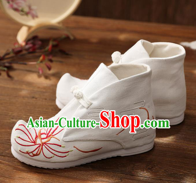 Asian Chinese Embroidered Red Spider Lily Boots Traditional Opera Boots Hanfu Shoes for Women