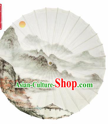 Chinese Traditional Printing Landscape White Oil Paper Umbrella Artware Paper Umbrella Classical Dance Umbrella Handmade Umbrellas