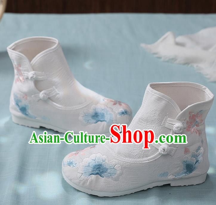 Asian Chinese Embroidered Lotus White Ankle Boots Traditional Opera Boots Hanfu Shoes for Women