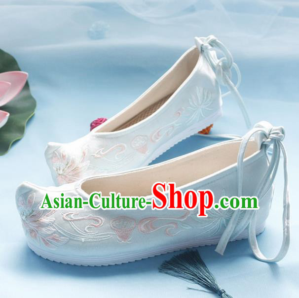 Asian Chinese Embroidered Lotus Light Blue Bow Shoes Hanfu Shoes Traditional Opera Shoes Princess Shoes for Women