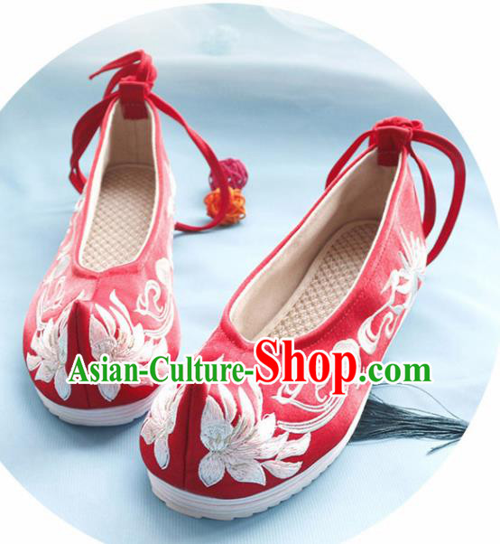 Asian Chinese Embroidered Lotus Red Bow Shoes Hanfu Shoes Traditional Opera Shoes Princess Shoes for Women