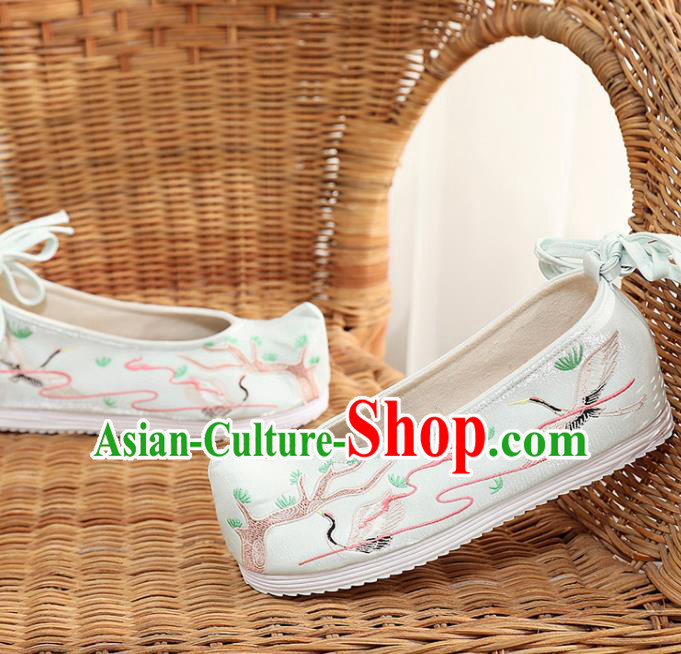 Asian Chinese Embroidered Pine Crane Blue Bow Shoes Hanfu Shoes Traditional Opera Shoes Princess Shoes for Women