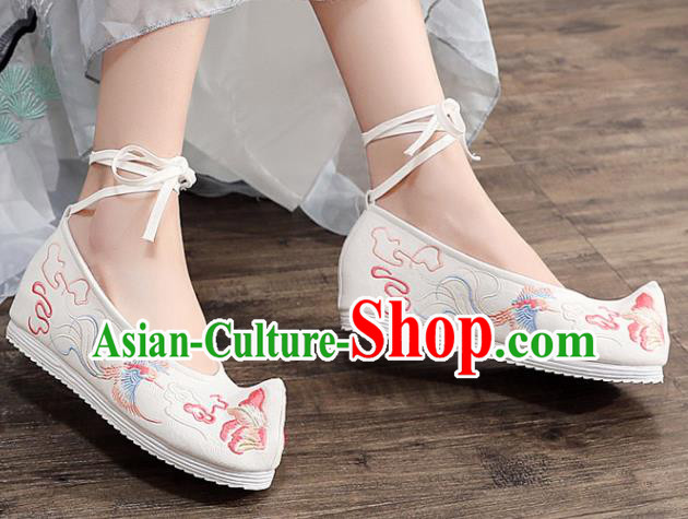 Asian Chinese Embroidered Phoenix Peony White Bow Shoes Hanfu Shoes Traditional Opera Shoes Princess Shoes for Women