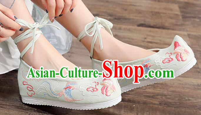 Asian Chinese Embroidered Phoenix Peony Green Bow Shoes Hanfu Shoes Traditional Opera Shoes Princess Shoes for Women