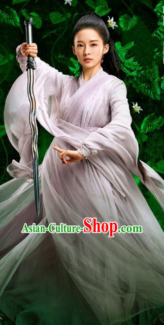 Chinese Film Jade Dynasty Ancient Female Swordsman Taoist Nun Lu Xueqi Replica Costumes and Headpiece for Women