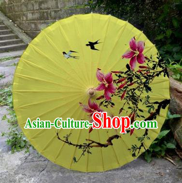 Chinese Printing Flowers Yellow Oil Paper Umbrella Artware Paper Umbrella Traditional Classical Dance Umbrella Handmade Umbrellas
