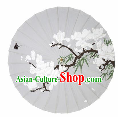 Chinese Traditional Printing Mangnolia Grey Oil Paper Umbrella Artware Paper Umbrella Classical Dance Umbrella Handmade Umbrellas